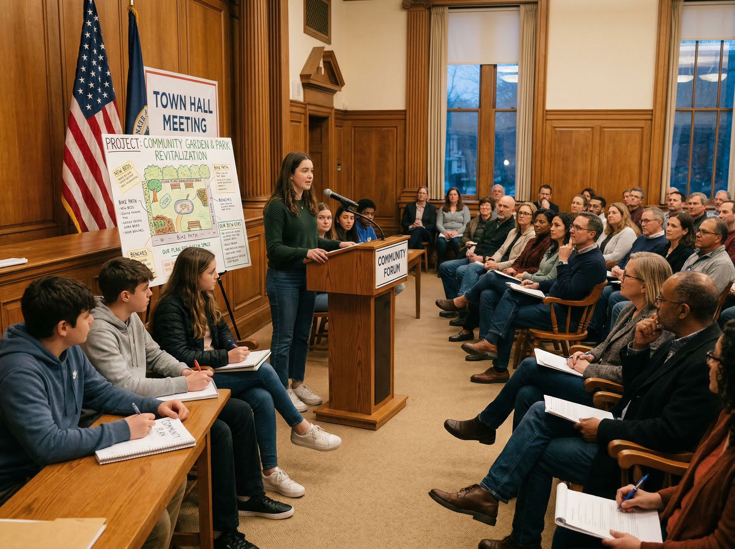 Teenagers presenting a community improvement proposal at a town hall meeting