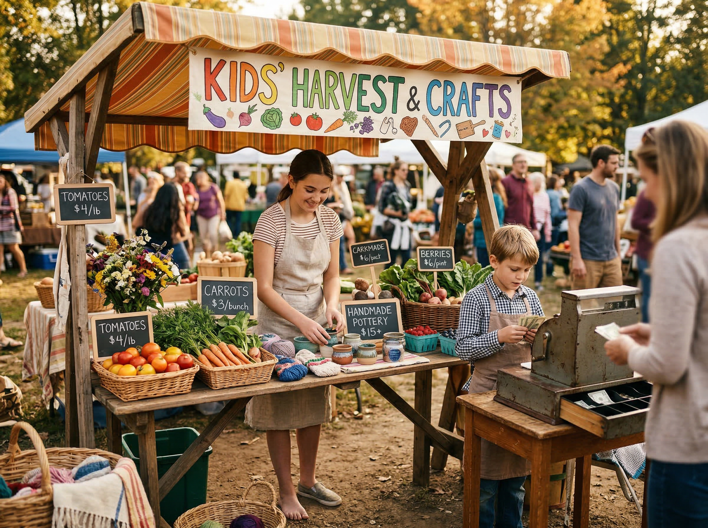 Children running a farmers market stall with fresh produce and handmade crafts