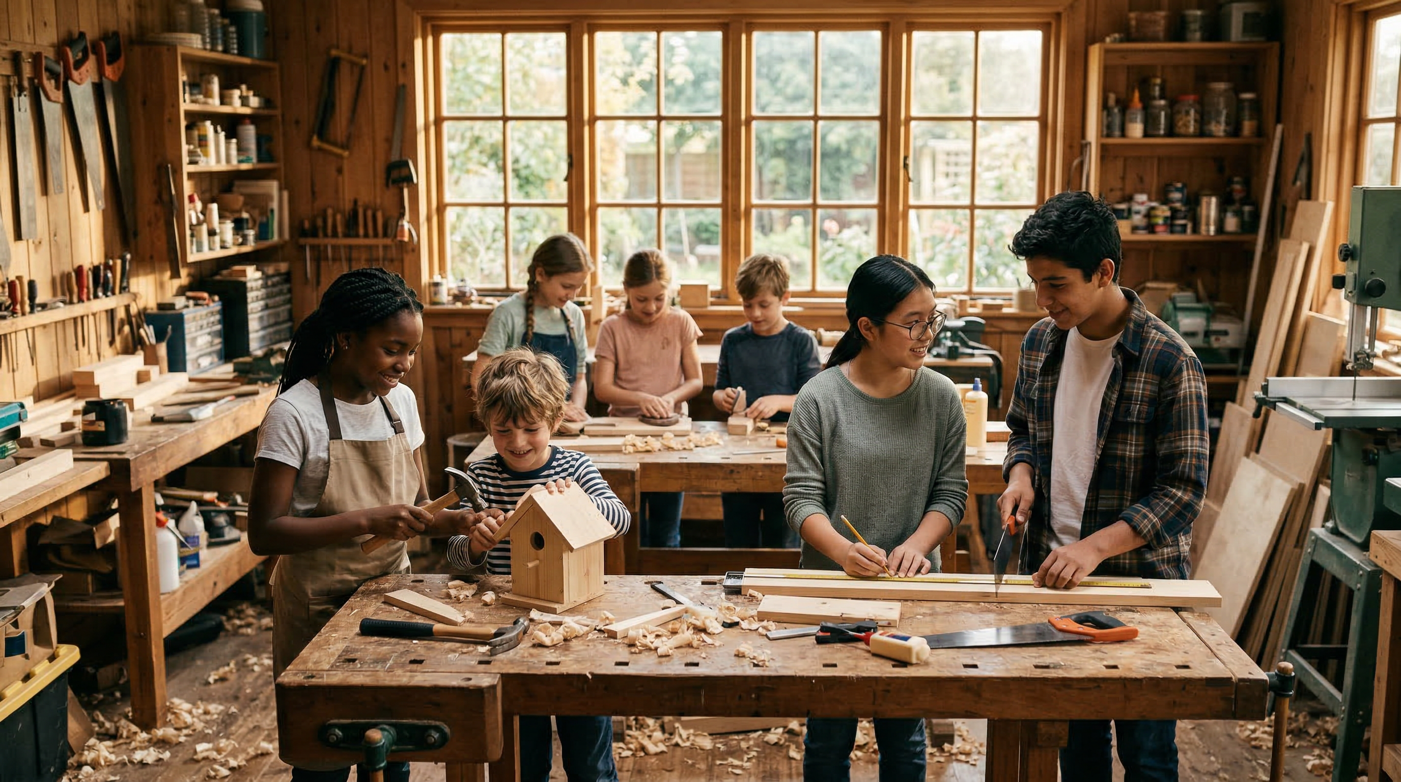 Children of various ages working together in a sunlit workshop, building projects with wood and tools
